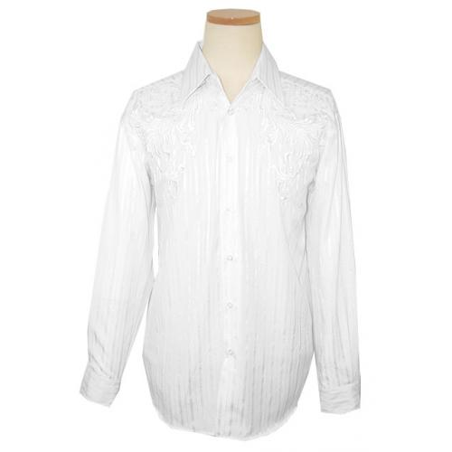 Pronti White With Shadow Stripes & Embroiderey Cotton Blend Long Sleeves Shirt S1551